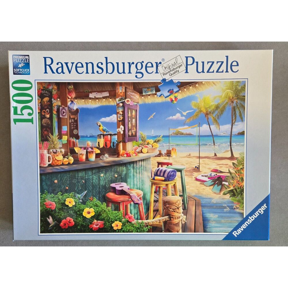Ravensburger Beach Bar Breezes 1500 pc 2023 Complete EUC Tiki Florals Colorful